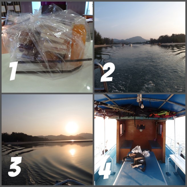 1- The breakfast box 2- Heading out of Nopparat Thara pier 3- Another beautiful sunrise 4- Interior of the big game boat