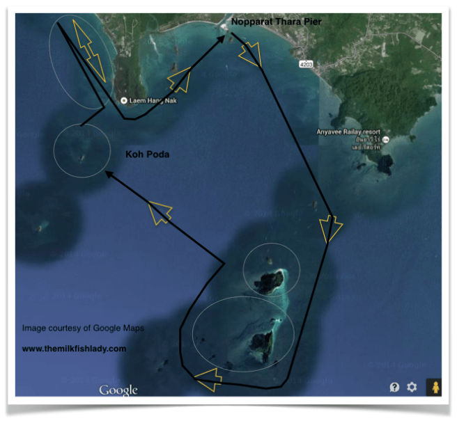 The route we took from the Nopparat Thara Pier. Circles mark areas we spent time trolling around.